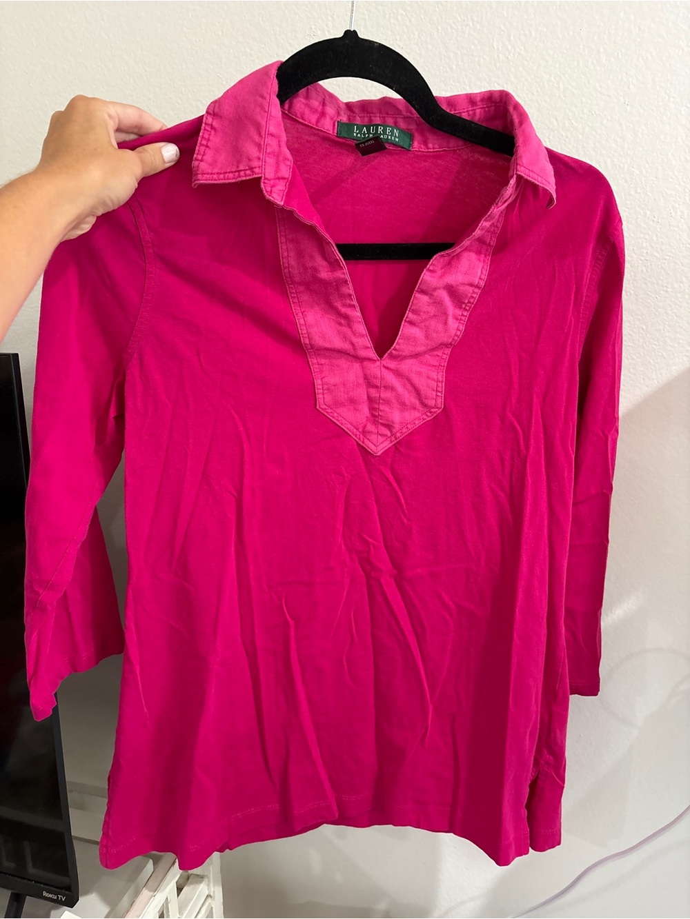 Lauren Ralph Lauren 100% Cotton Pink Collared V-Neck Tunic Blouse Top